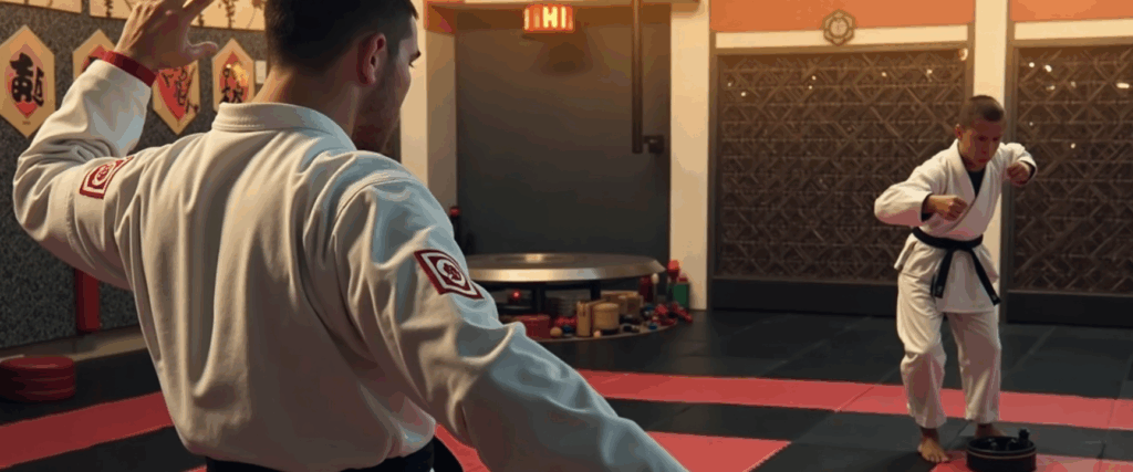 Changing the scene into a traditional Tae Kwon Do Belt Exam fight
